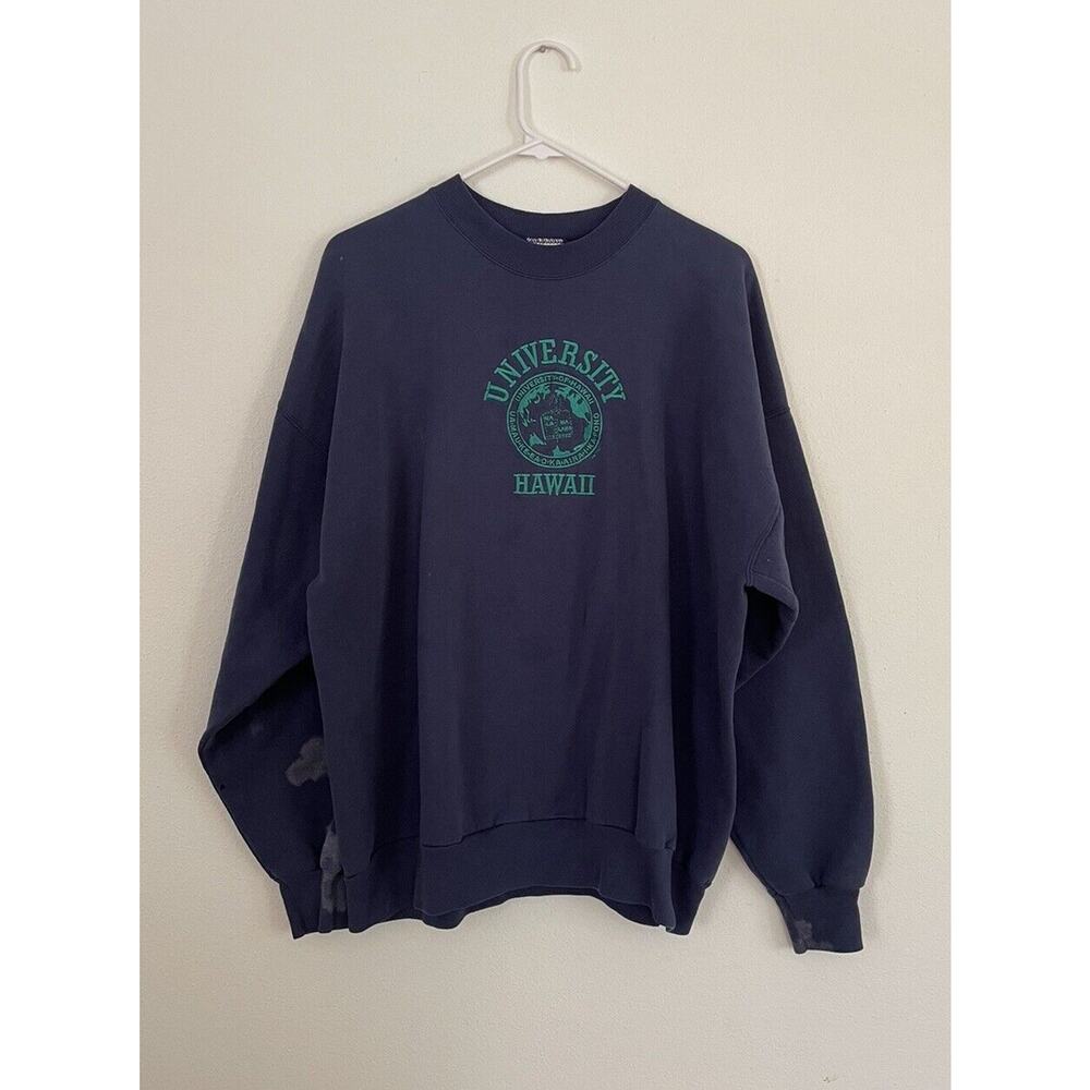 VINTAGE 80s University OF Hawaii Sweatshirt Navy Blue Men's Size XL Hanes Flaws